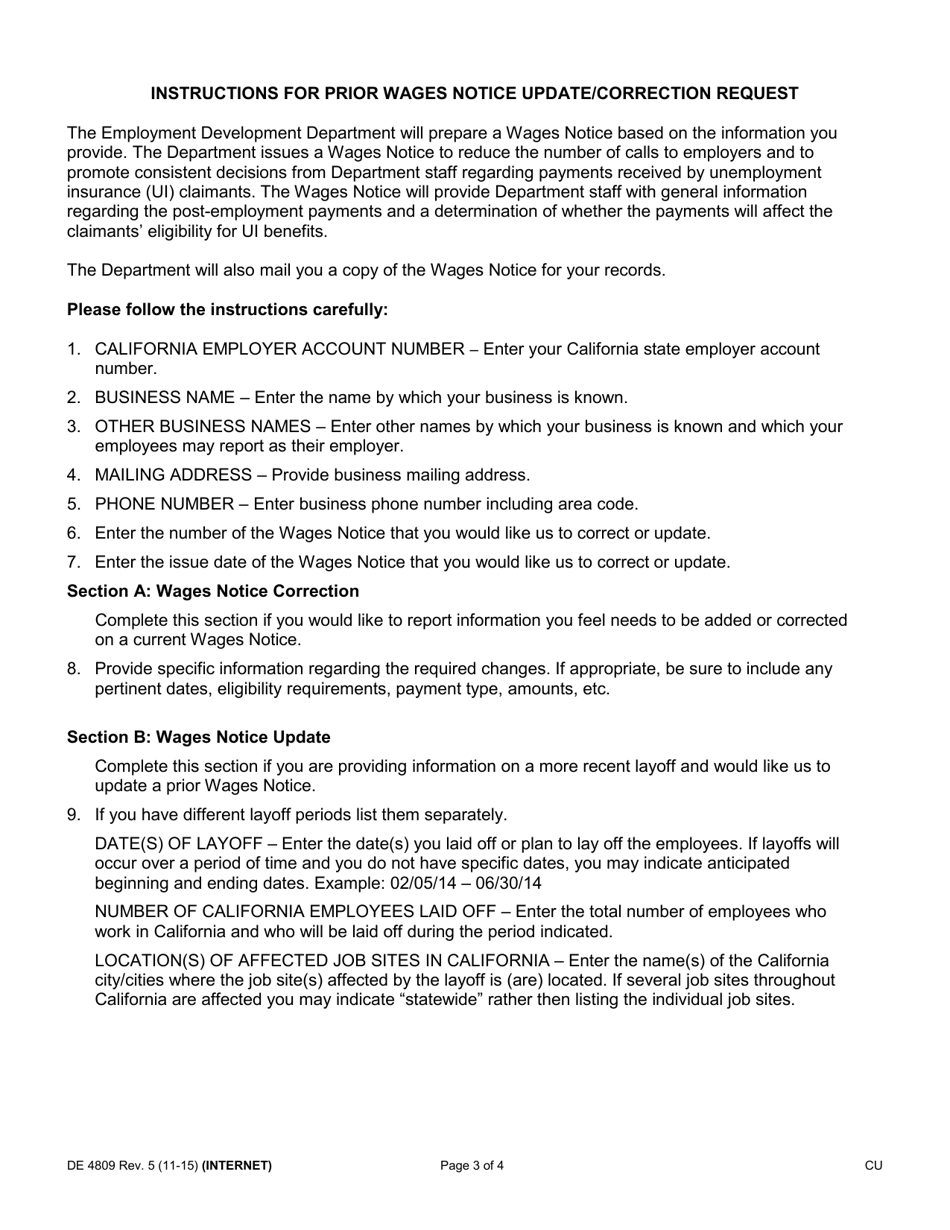 Form DE4809 Prior Wages Notice Correction / Update Request - California, Page 3