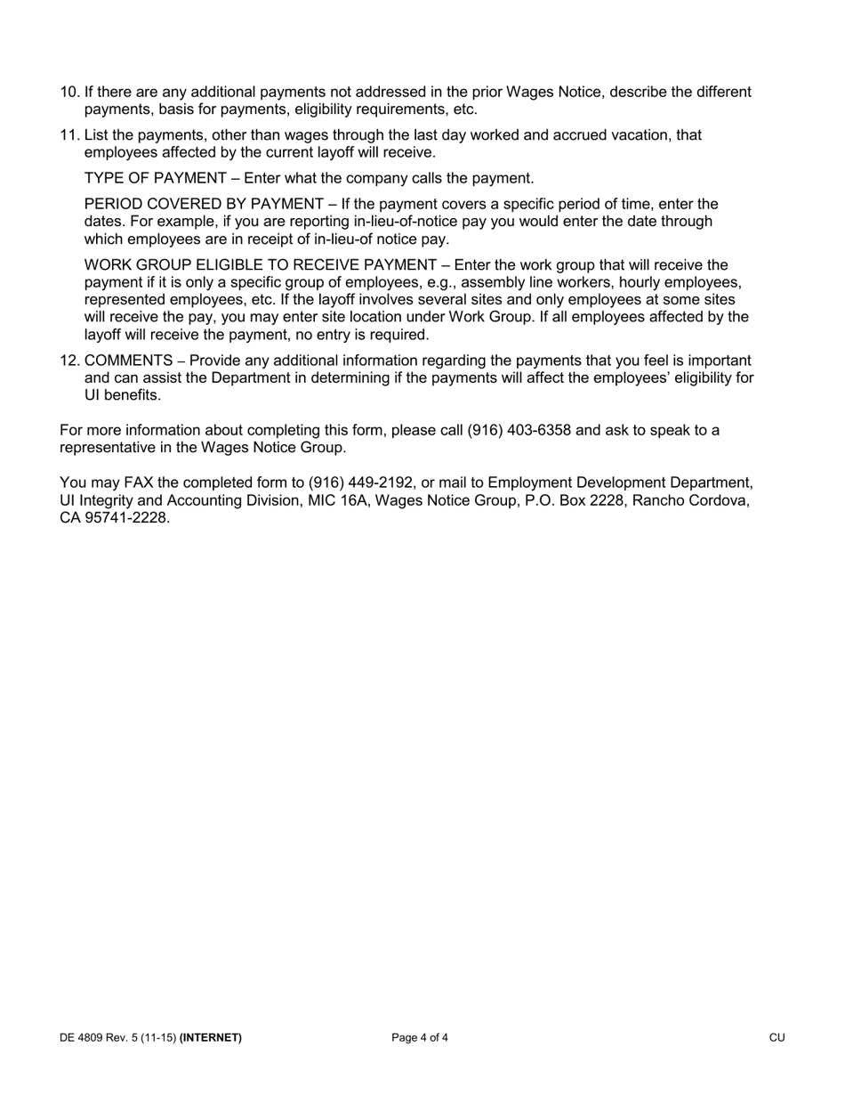 Form DE4809 Prior Wages Notice Correction / Update Request - California, Page 4