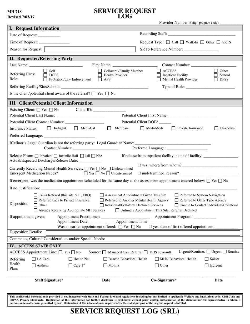 Form MH718 Service Request Log - County of Los Angeles, California, Page 1