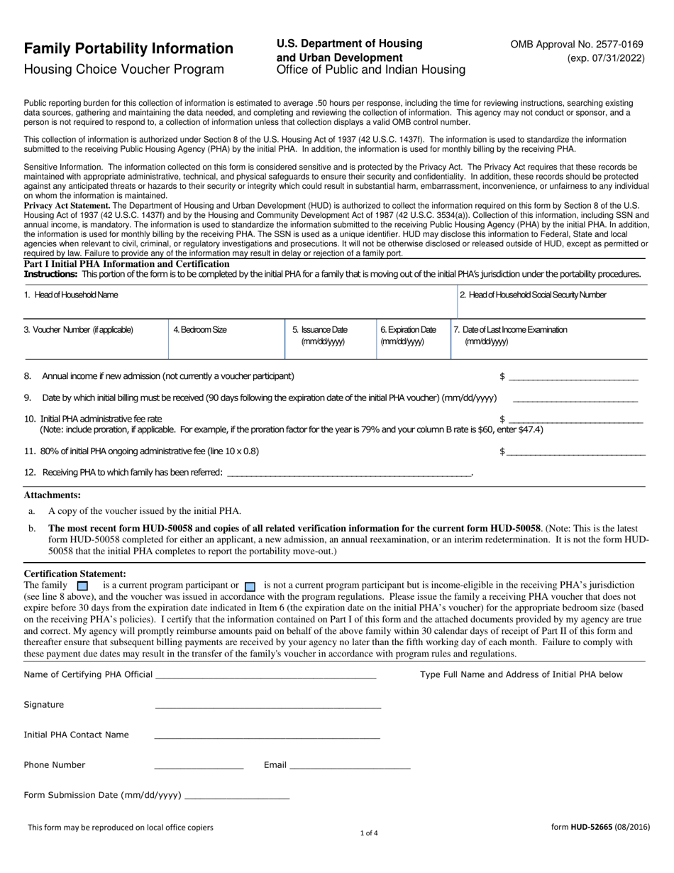 Form HUD-52665 Family Portability Information, Page 1