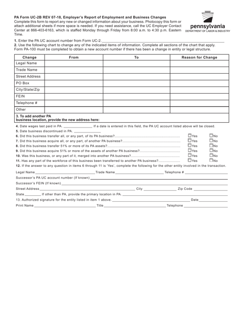 Form UC-2B Employer's Report of Employment and Business Changes - Pennsylvania