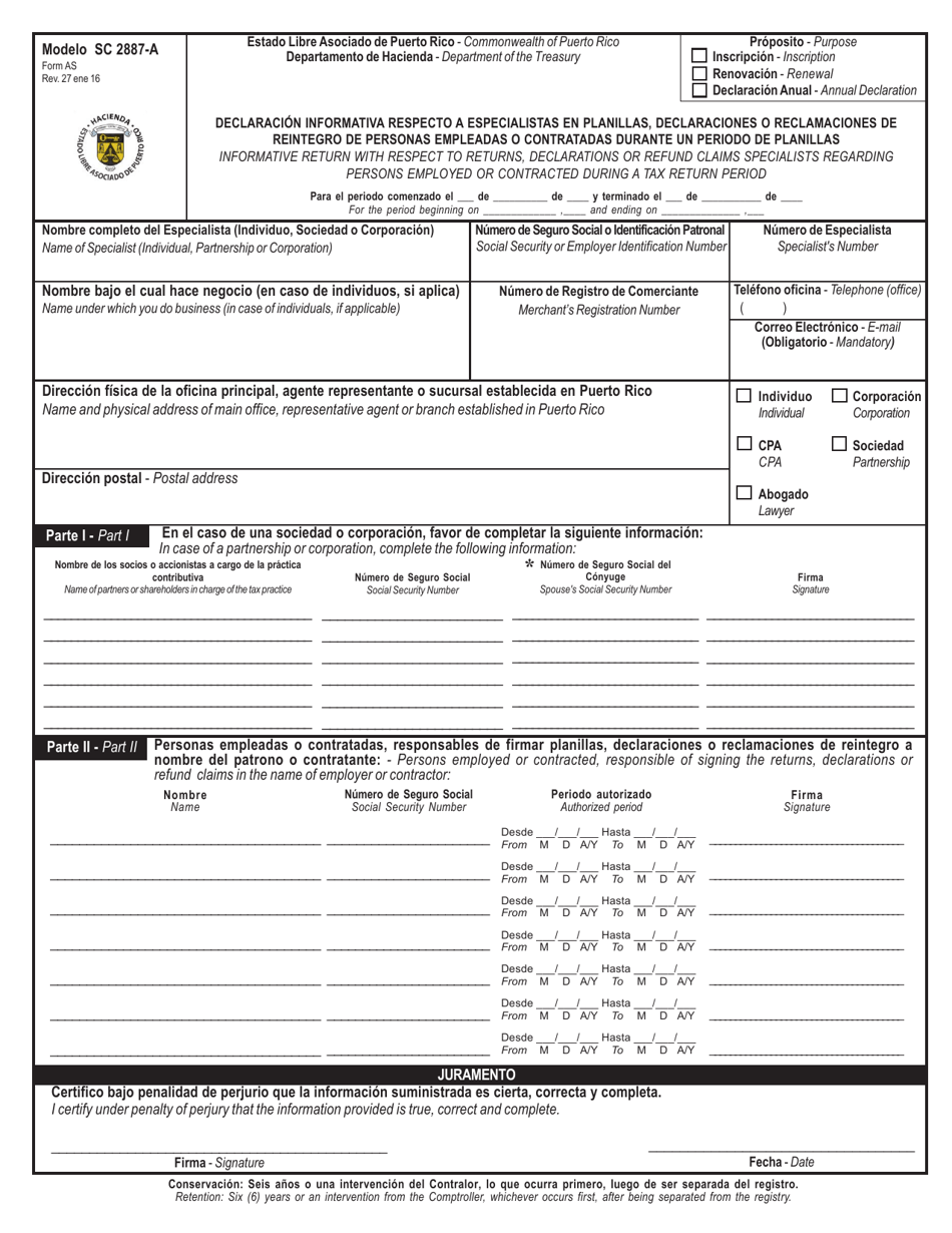 Form SC2887-A (AS) Informative Return With Respect to Returns, Declarations or Refund Claims Specialists Regarding Persons Employed or Contracted During a Tax Return Period - Puerto Rico (English / Spanish), Page 1