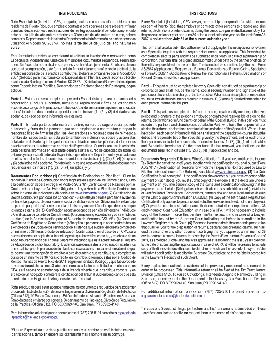 Form SC2887-A (AS) Informative Return With Respect to Returns, Declarations or Refund Claims Specialists Regarding Persons Employed or Contracted During a Tax Return Period - Puerto Rico (English / Spanish), Page 2
