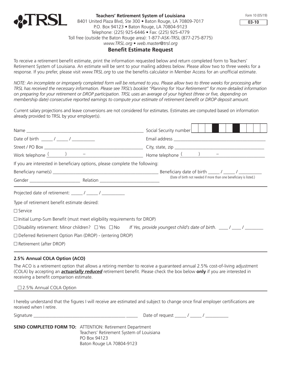 Form 10 Benefit Estimate Request - Louisiana, Page 1