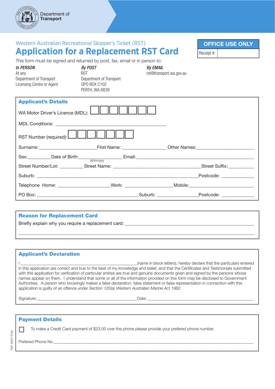 Western Australian Recreational Skippers Ticket (Rst) Application for a Replacement Rst Card - Western Australia, Australia, Page 1