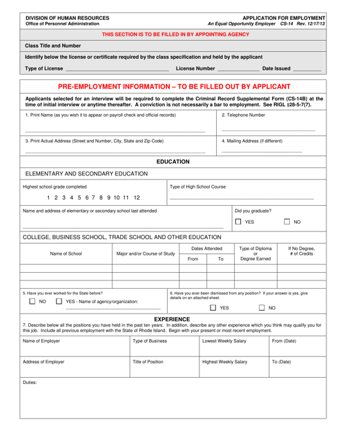 Form CS-14 Application for Employment - Rhode Island