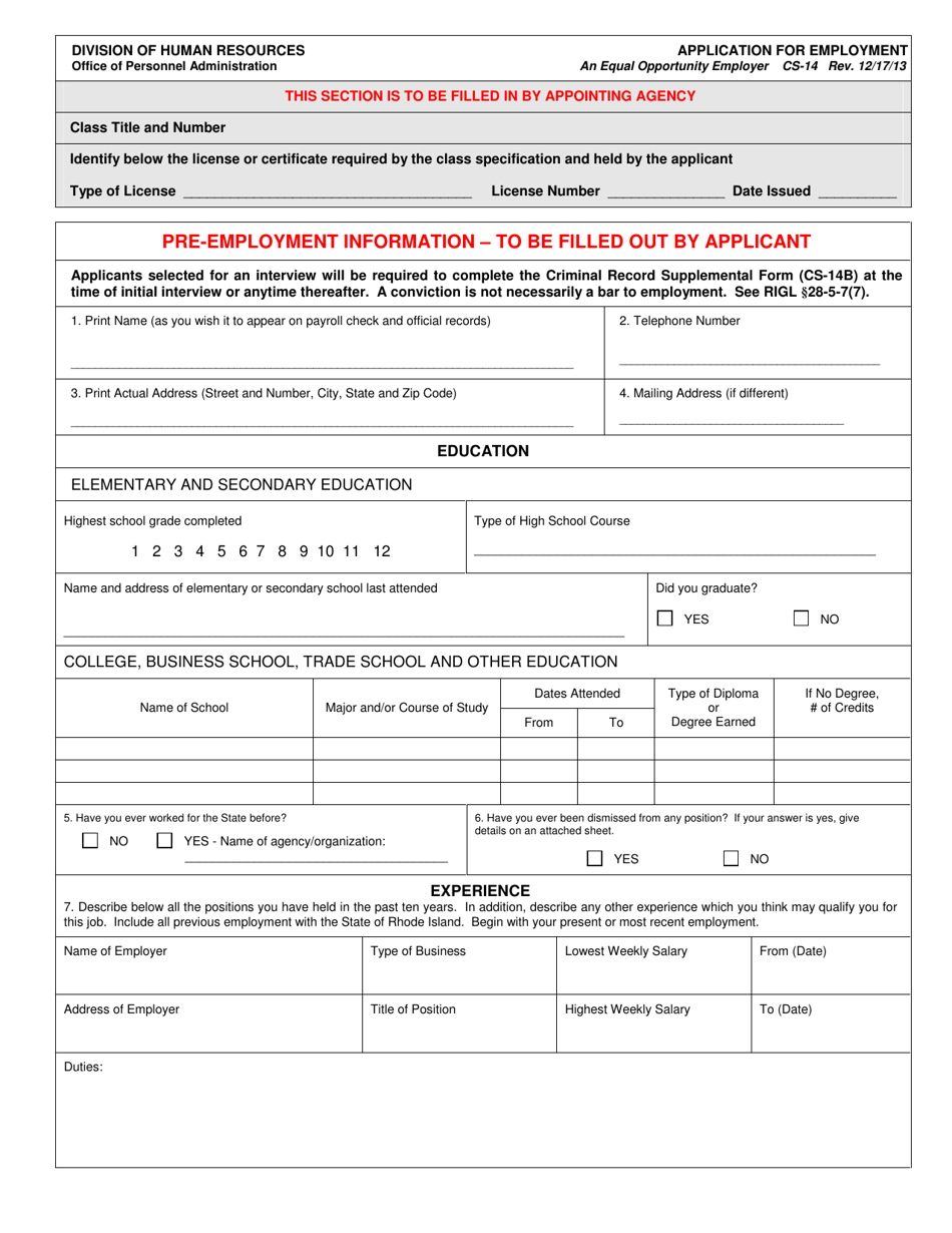 Form CS-14 Application for Employment - Rhode Island, Page 1