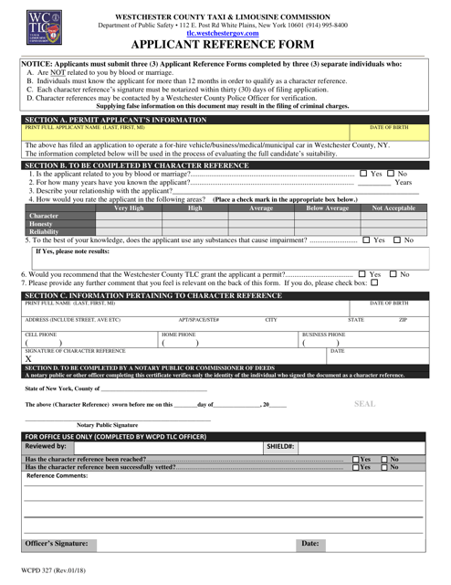 Form WCPD327 Applicant Reference Form - Westchester County, New York