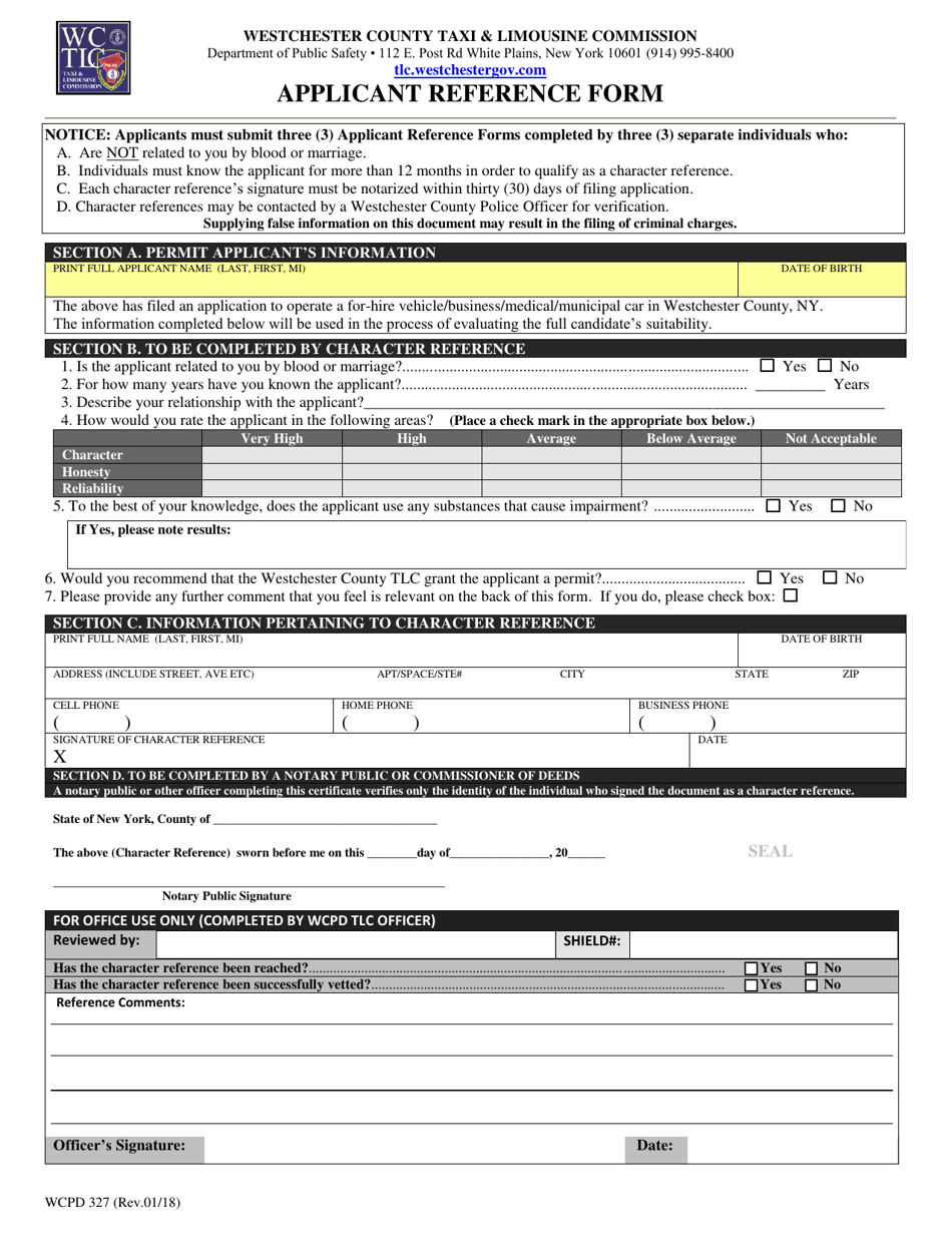 Form WCPD327 Applicant Reference Form - Westchester County, New York, Page 1