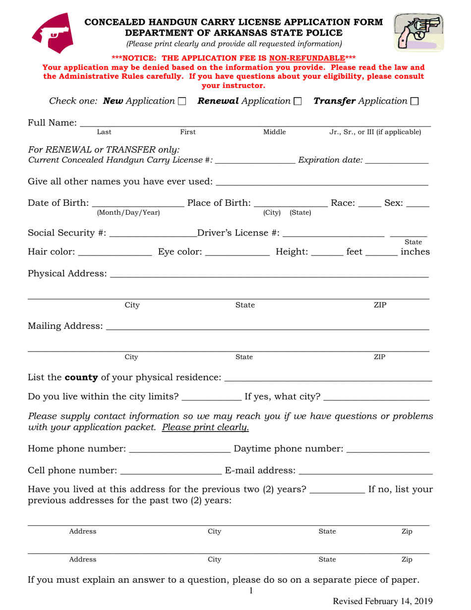 Concealed Handgun Carry License Application Form - Arkansas, Page 1
