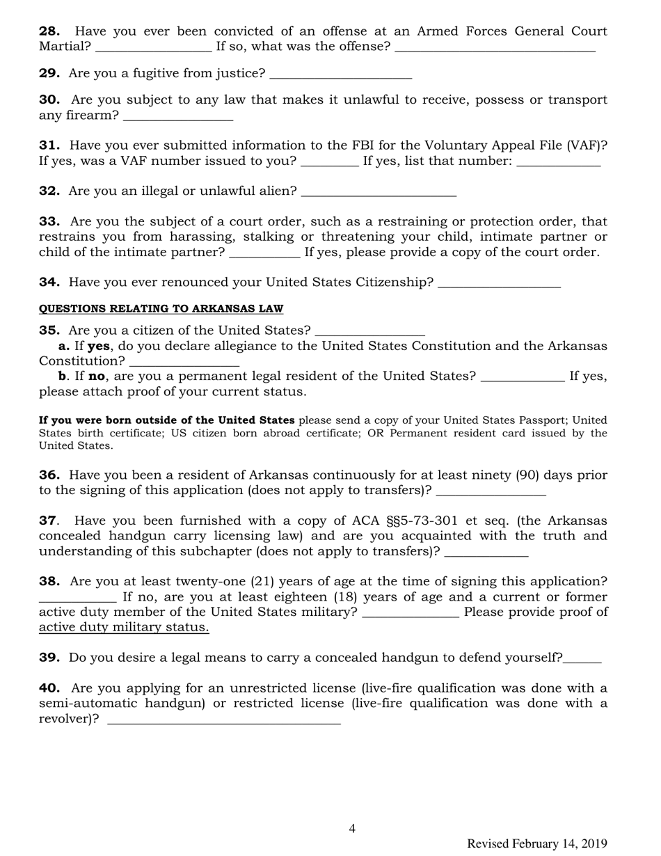 Concealed Handgun Carry License Application Form - Arkansas, Page 4