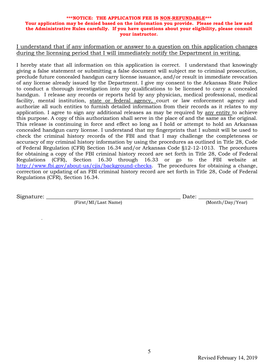 Concealed Handgun Carry License Application Form - Arkansas, Page 5