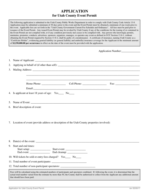 Application for Utah County Event Permit - Utah County, Utah Download Pdf