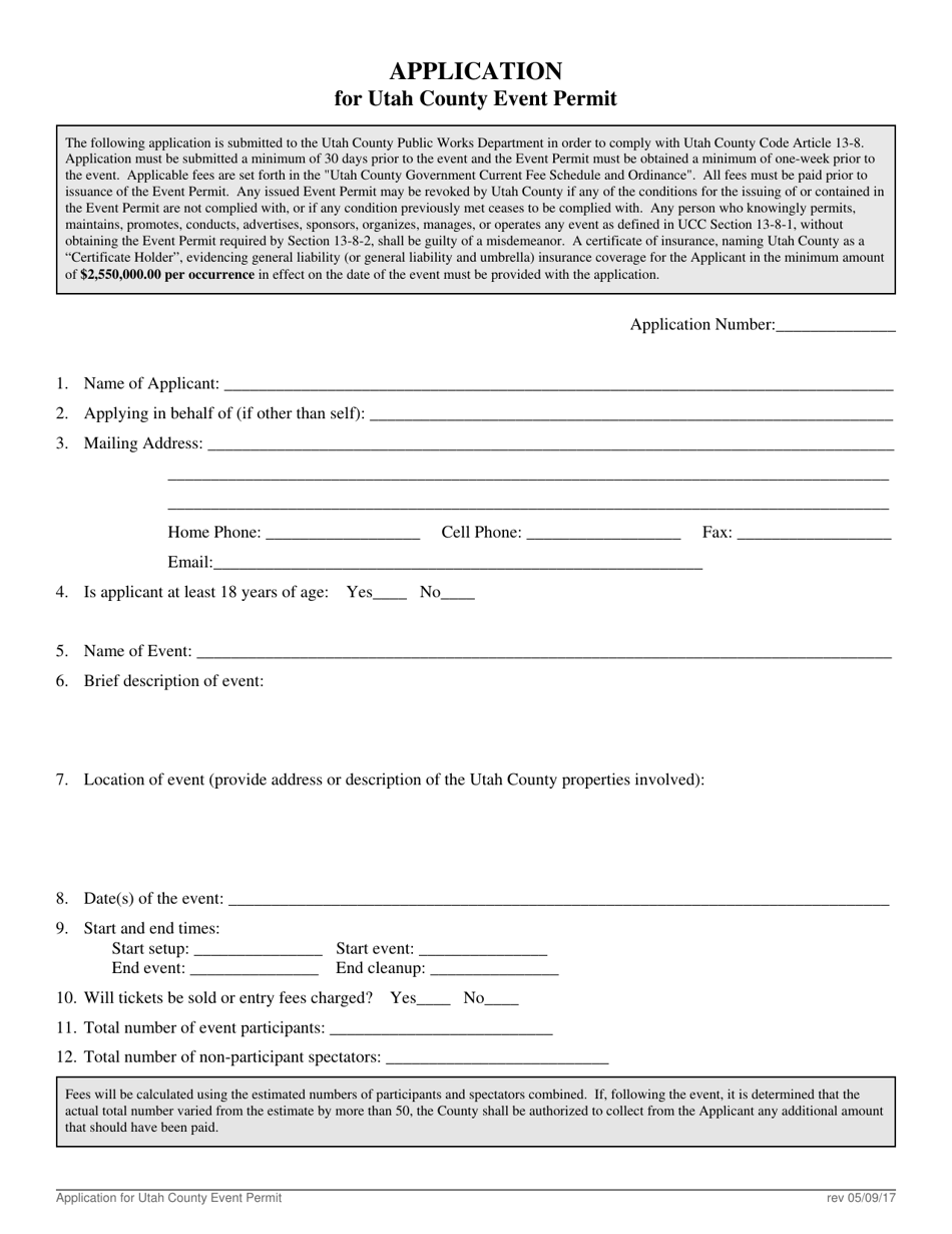 Application for Utah County Event Permit - Utah County, Utah, Page 1