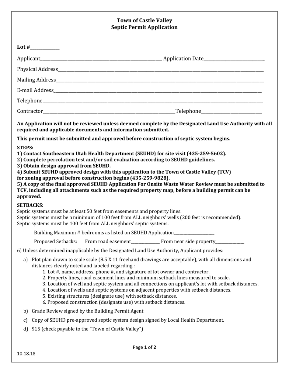 Septic Permit Application - Town of Castle Valley, Utah, Page 1