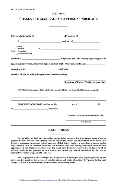 Form 06 (Municipal Form 92) Consent to Marriage of a Person Under Age - City of Pasay, National Capital Region, Philippines
