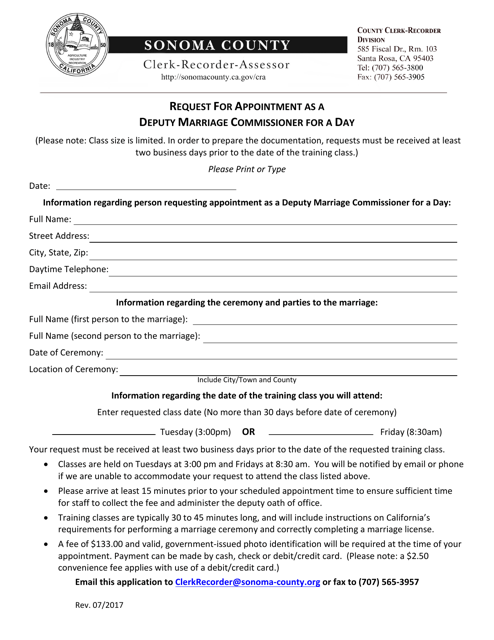 Request for Appointment as a Deputy Marriage Commissioner for a Day - Sonoma County, California Download Pdf