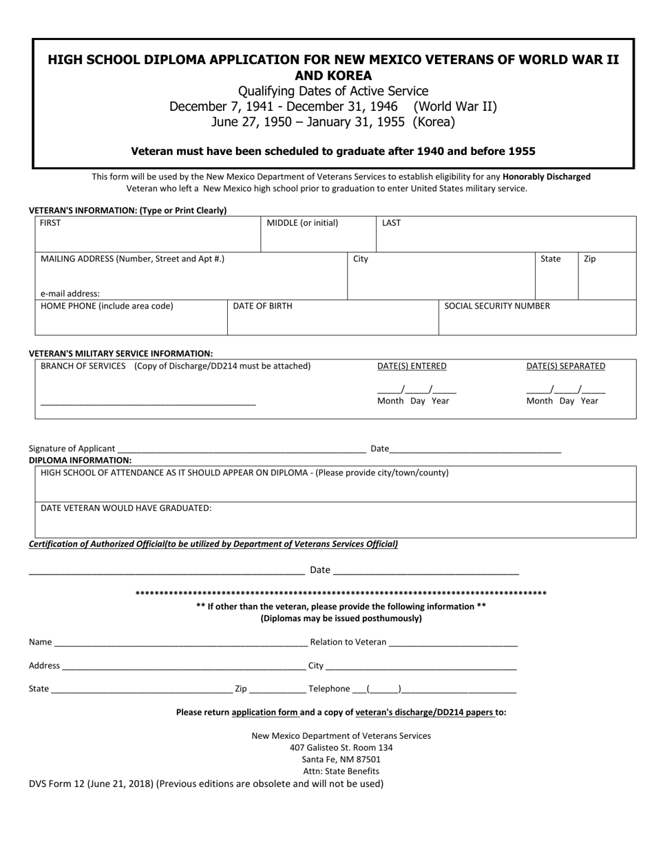 DVS Form 12 High School Diploma Application for New Mexico Veterans of World War II and Korea - New Mexico, Page 1