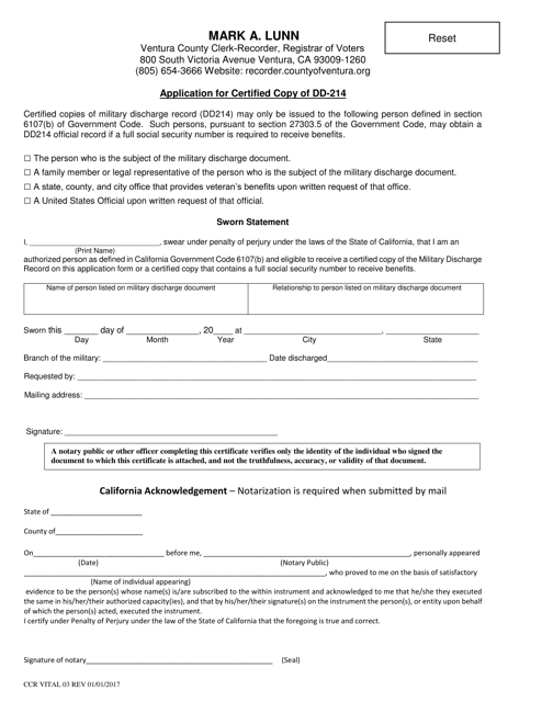 Application for Certified Copy of DD-214 - County of Ventura, California Download Pdf