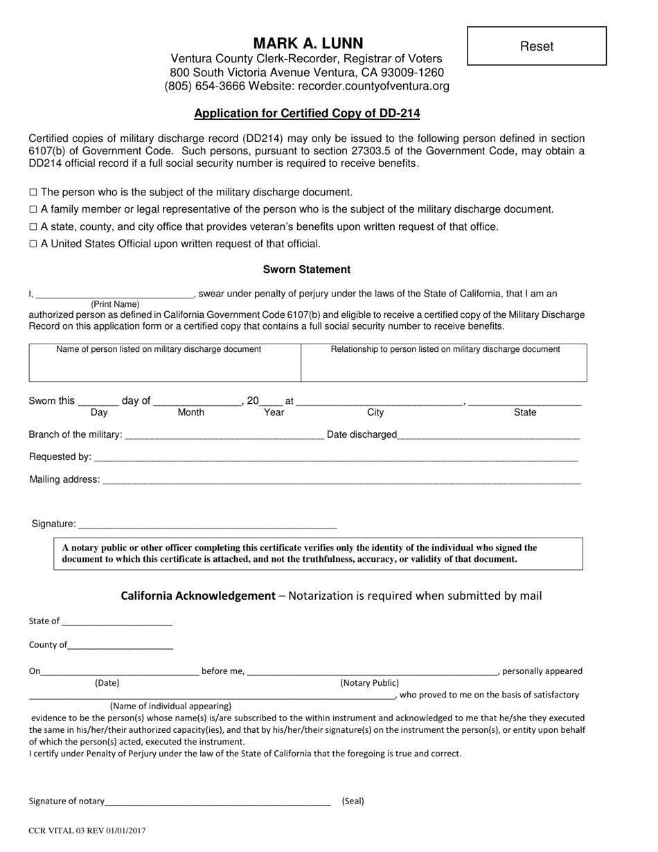 County of Ventura, California Application for Certified Copy of DD-214 ...