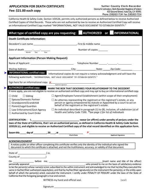 Application for Death Certificate - Sutter County, California Download Pdf