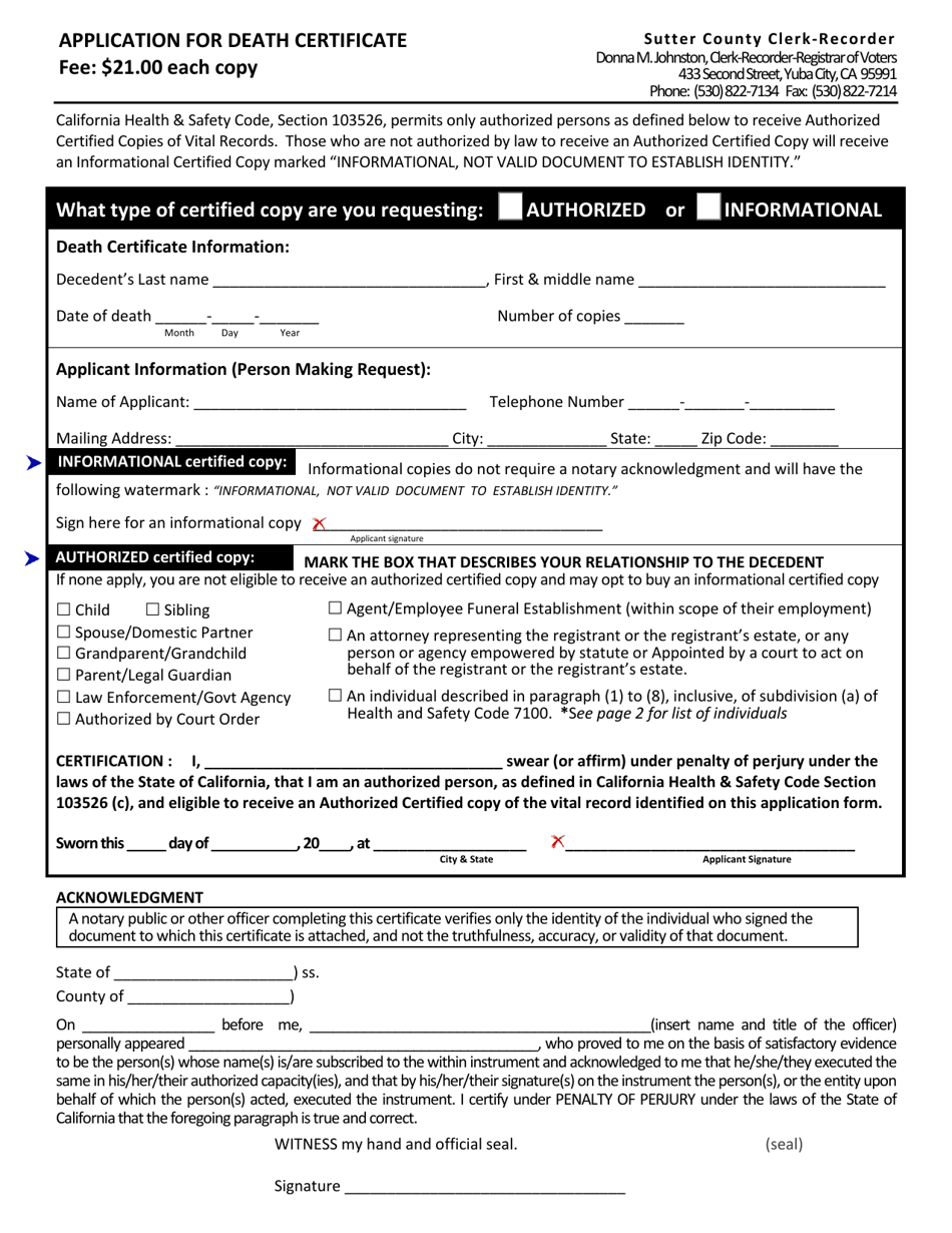 Application for Death Certificate - Sutter County, California, Page 1