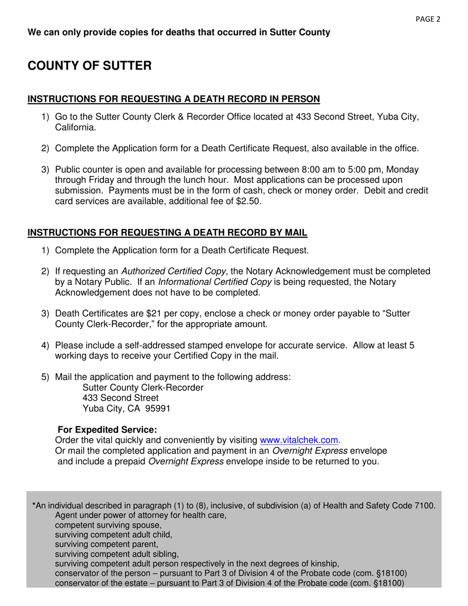 Application for Death Certificate - Sutter County, California, Page 2