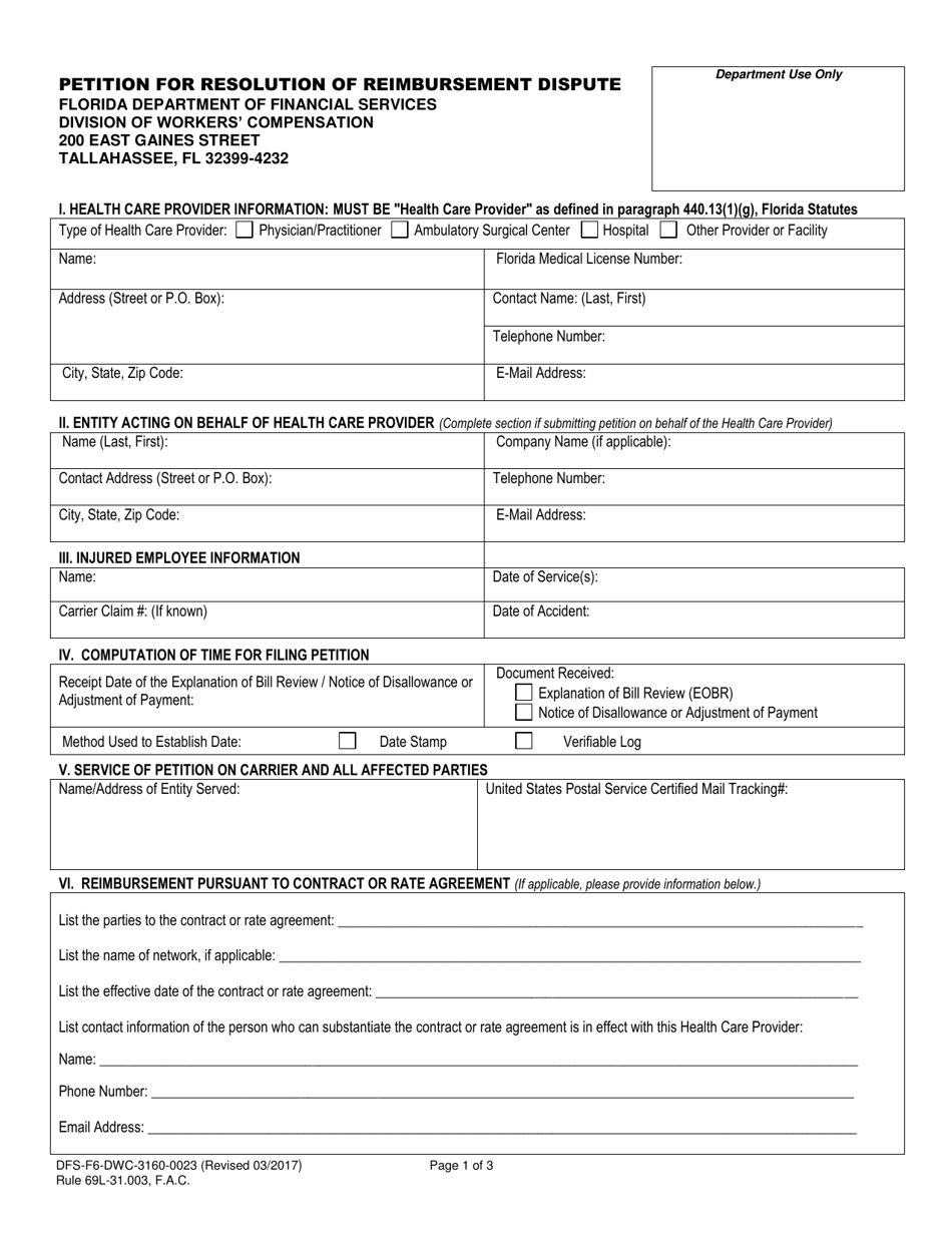 Form DFS-F6-DWC-3160-0023 Petition for Resolution of Reimbursement Dispute - Florida, Page 1