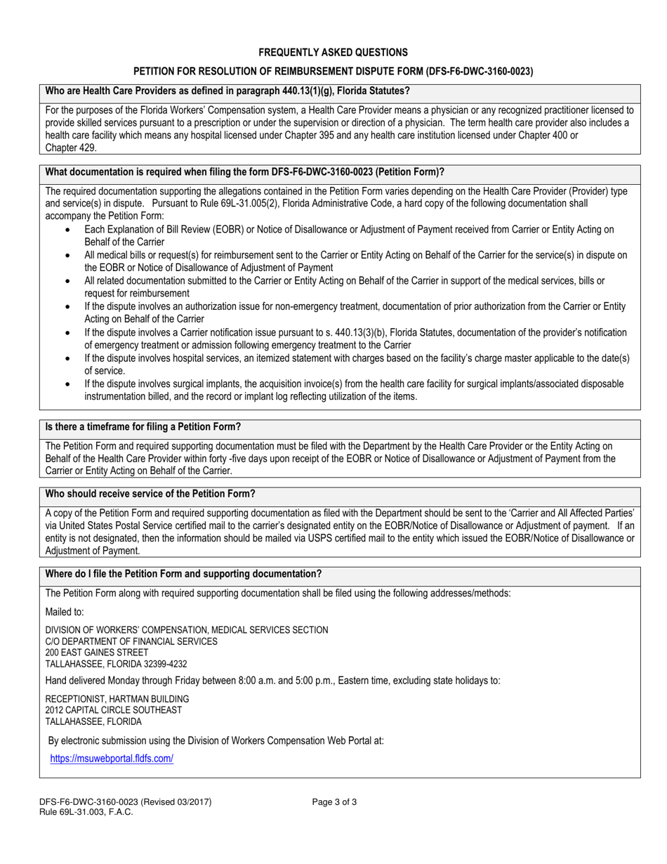 Form DFS-F6-DWC-3160-0023 Petition for Resolution of Reimbursement Dispute - Florida, Page 3