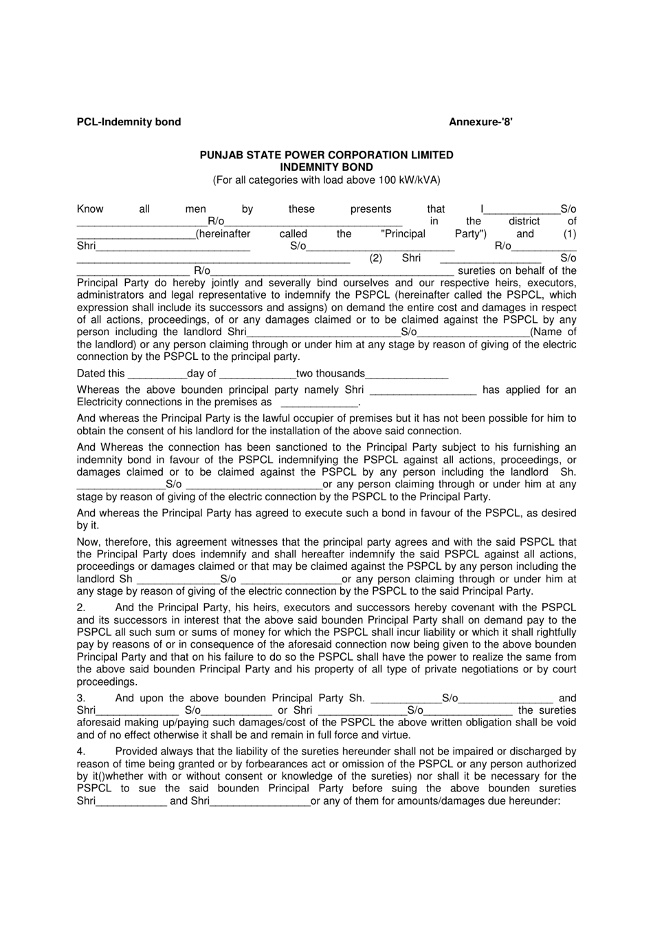 Annexure 8 Punjab State Power Corporation Limited Indemnity Bond - Punjab Province (India), India, Page 1