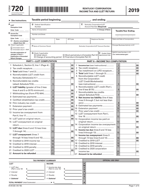 Form 720 (41A720) Kentucky Corporation Income Tax and Llet Return - Kentucky, 2019