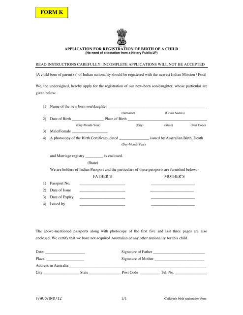 Form K Application for Registration of Birth of a Child - Brazzaville, Congo