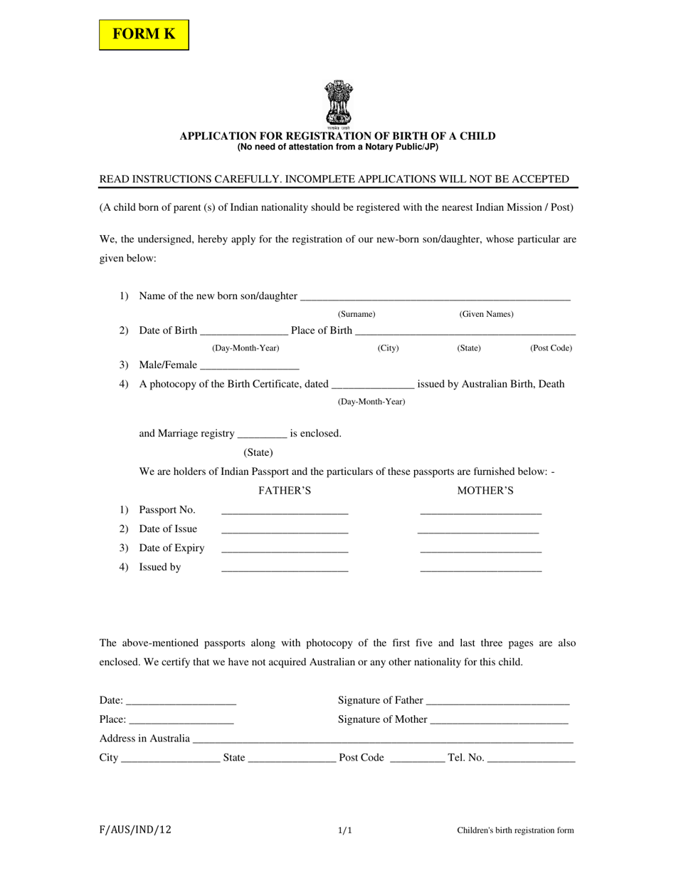 Form K Application for Registration of Birth of a Child - Brazzaville, Congo, Page 1