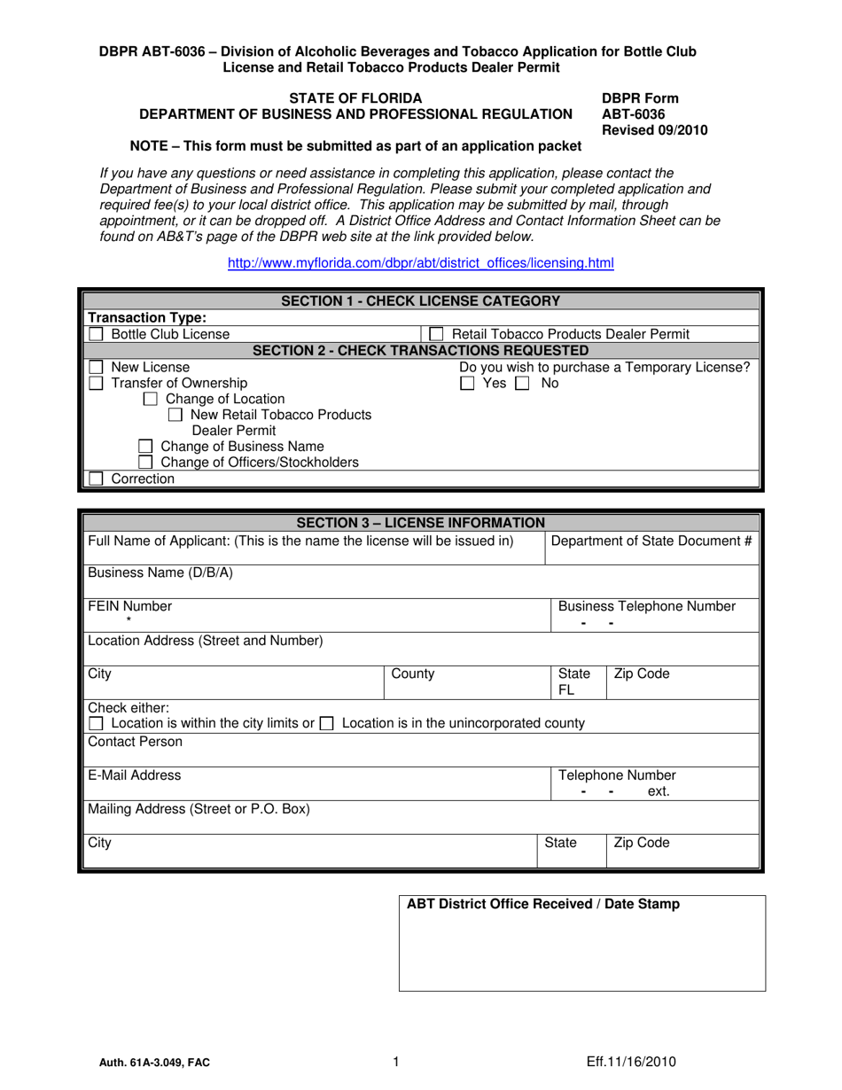 DBPR Form ABT-6036 Application for Bottle Club License and Retail Tobacco Products Dealer Permit - Florida, Page 1