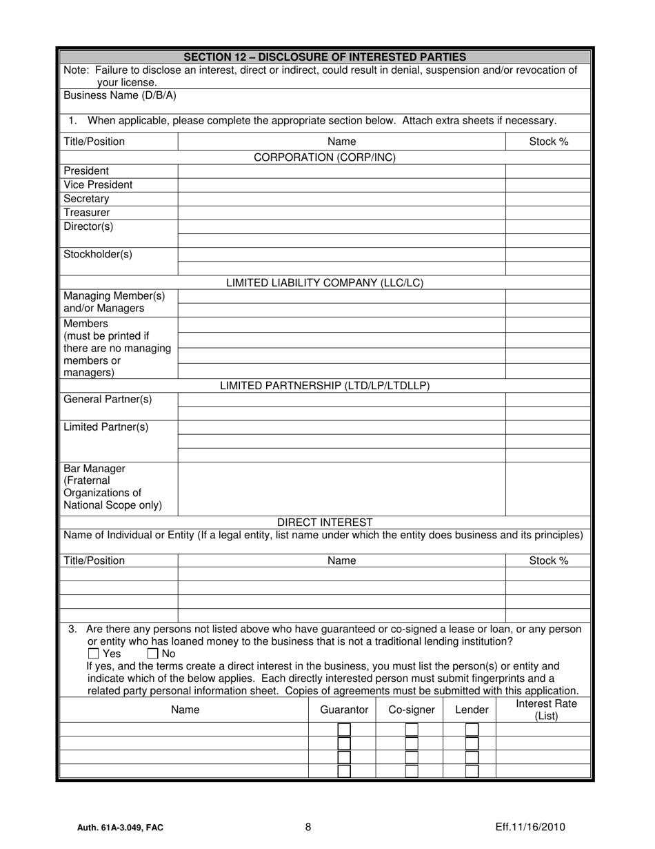 DBPR Form ABT-6036 Application for Bottle Club License and Retail Tobacco Products Dealer Permit - Florida, Page 8