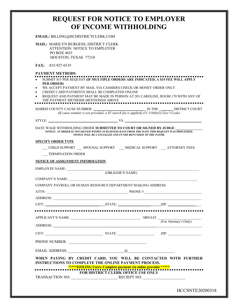 Request for Notice to Employer of Income Withholding - Harris County, Texas, Page 1