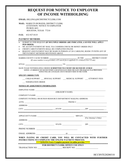 Request for Notice to Employer of Income Withholding - Harris County, Texas Download Pdf