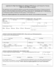 Document preview: Application for High School Diploma for Michigan Wwii, Korean and Vietnam Era Veterans - Michigan