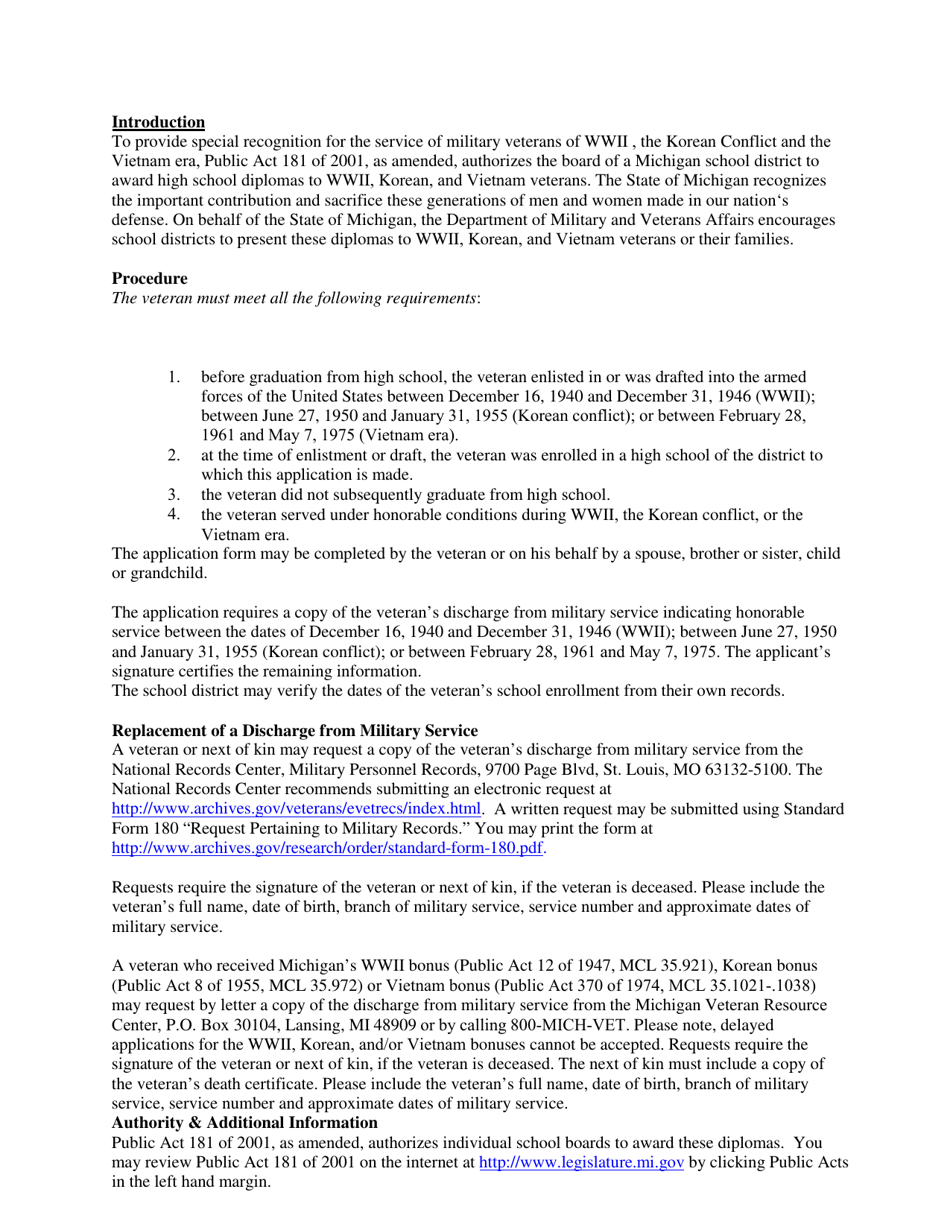 Application for High School Diploma for Michigan Wwii, Korean and Vietnam Era Veterans - Michigan, Page 2