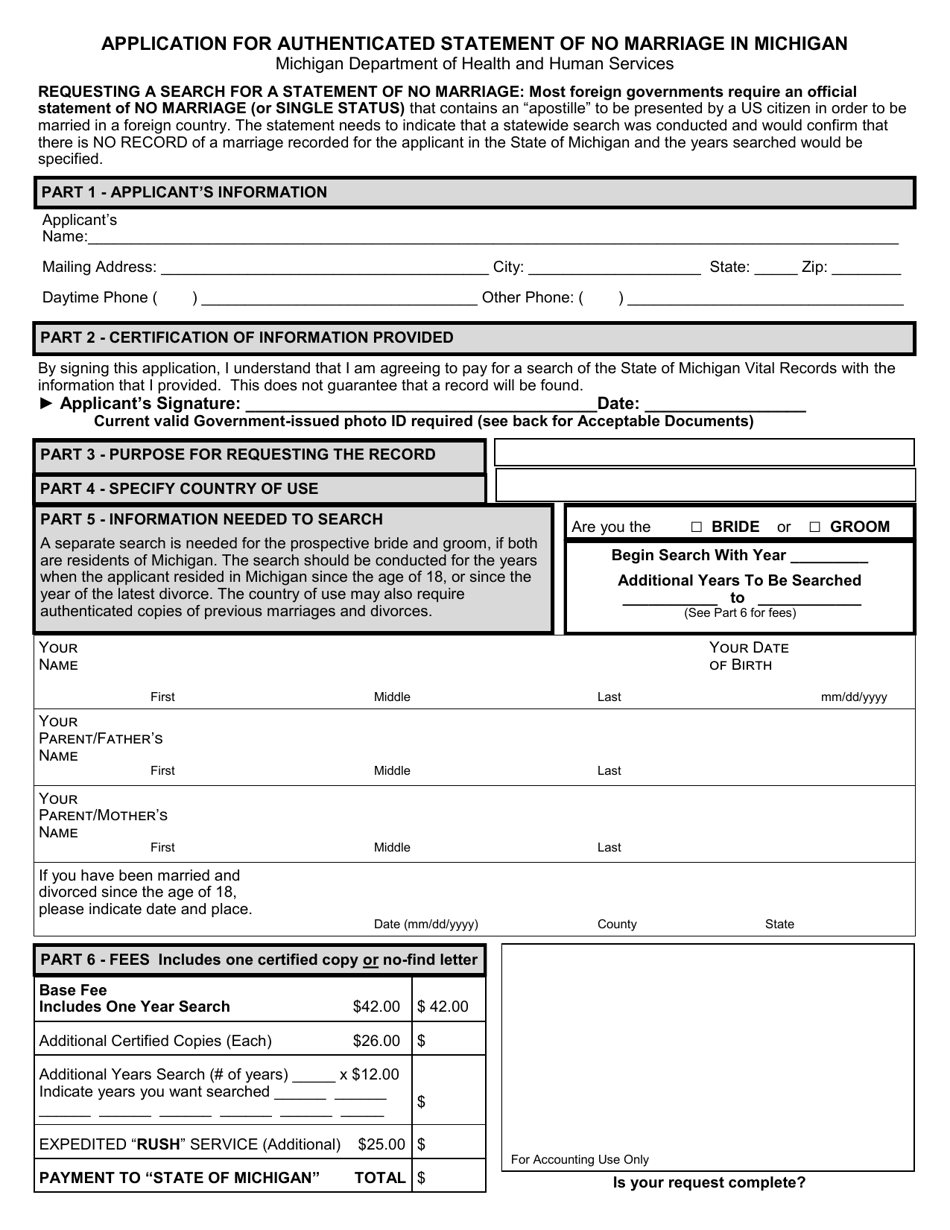 Form DCH-0569-NO Application for a Statement of No Marriage in Michigan - Michigan, Page 1