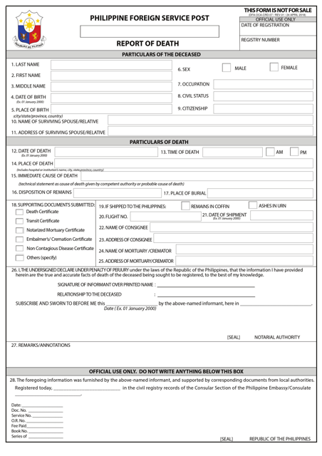 Form DFA-OCA-CRD-07 Philippine Foreign Service Post Report of Death - Philippines