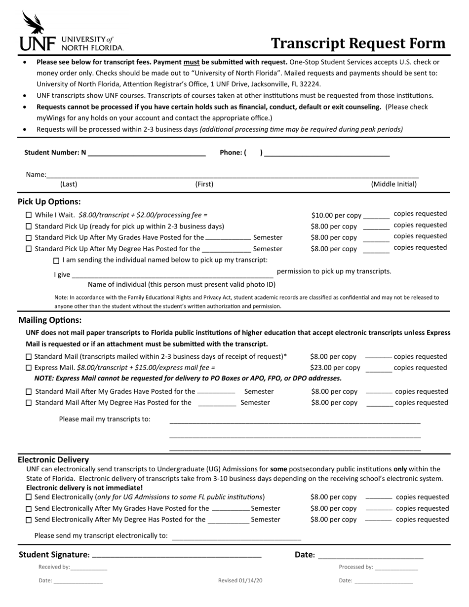 Transcript Request Form - University of North Florida, Page 1