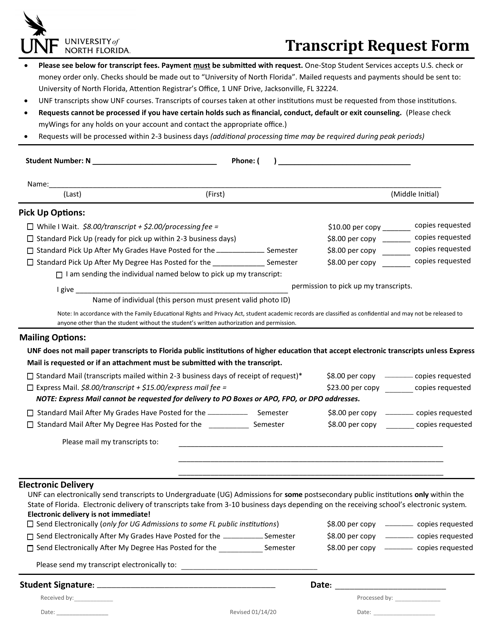 Transcript Request Form - University of North Florida Download Pdf