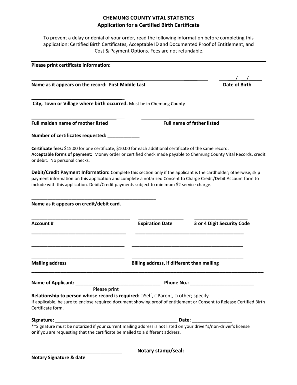 Application for a Certified Birth Certificate - Chemung County, New York, Page 1