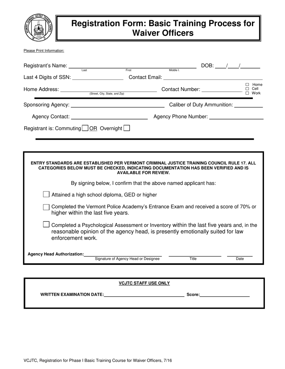 Registration Form: Basic Training Process for Waiver Officers - Vermont, Page 1