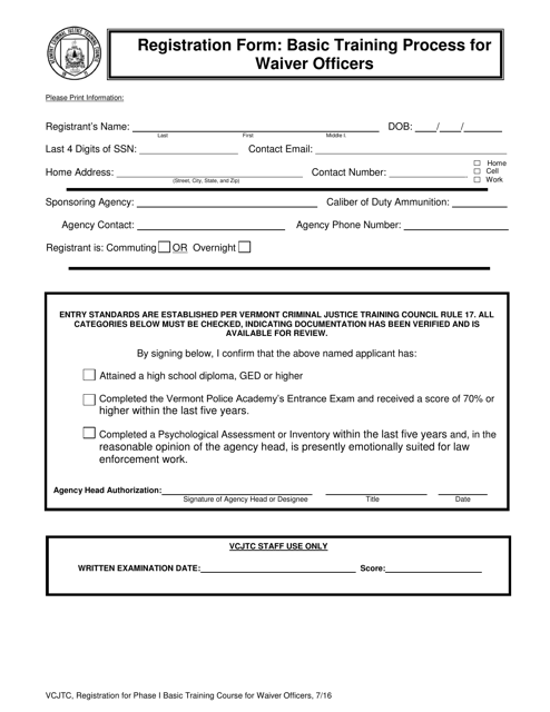 Registration Form: Basic Training Process for Waiver Officers - Vermont Download Pdf