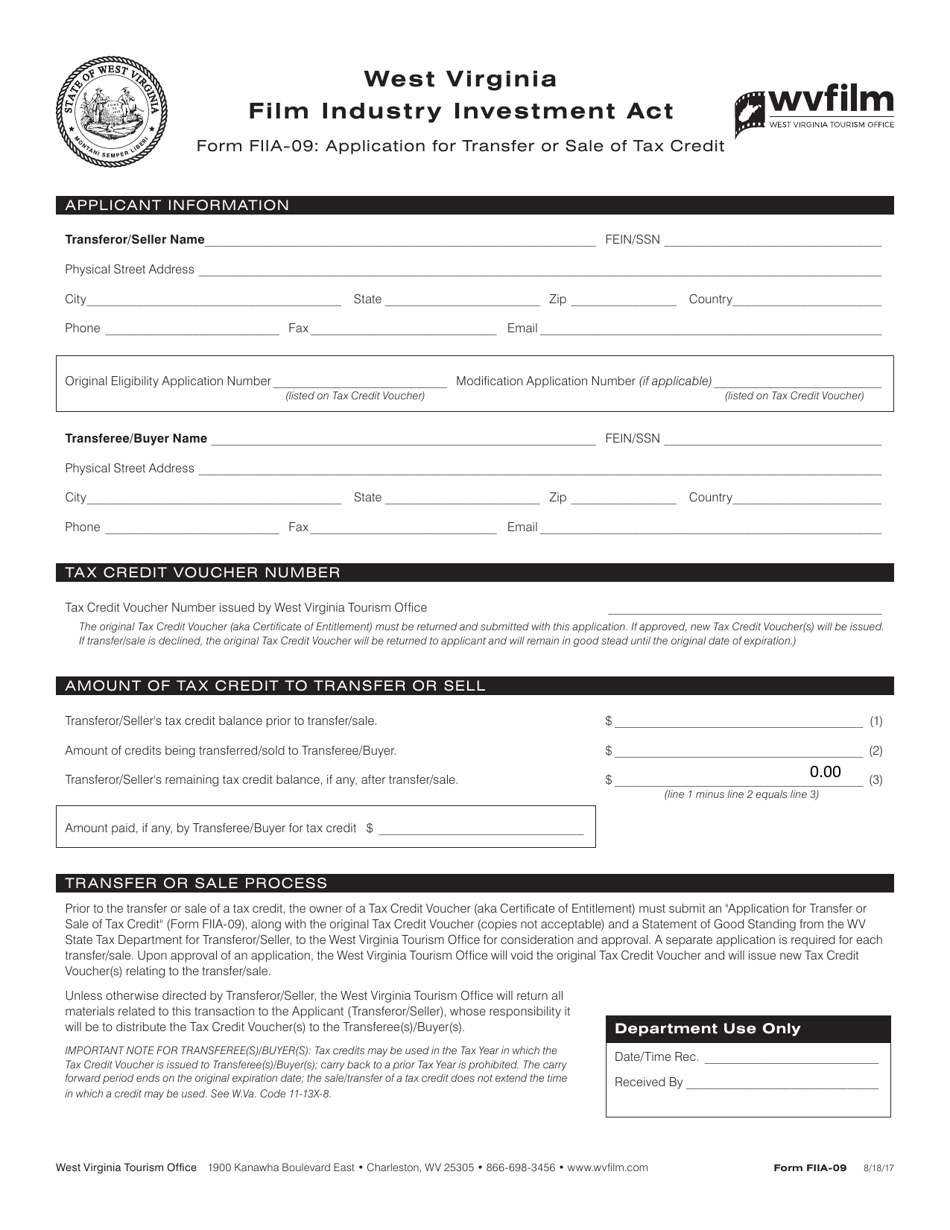 Form FIIA-09 Application for Transfer or Sale of Tax Credit - West Virginia, Page 1