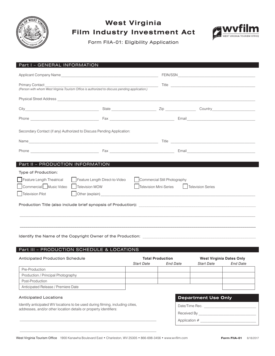 Form FIIA-01 Eligibility Application - West Virginia, Page 1