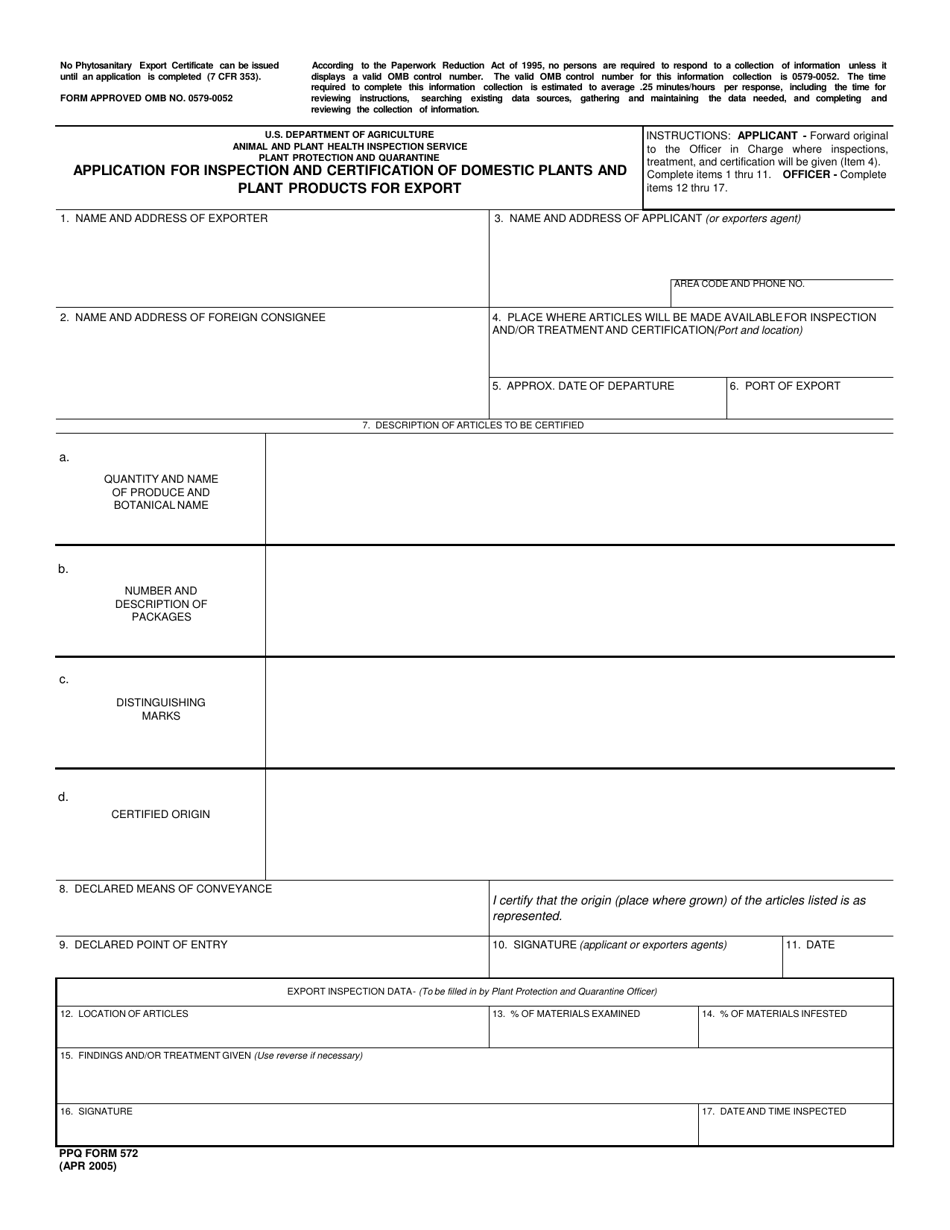 PPQ Form 572 Application for Inspection and Certification of Domestic Plant and Plant Products for Export, Page 1