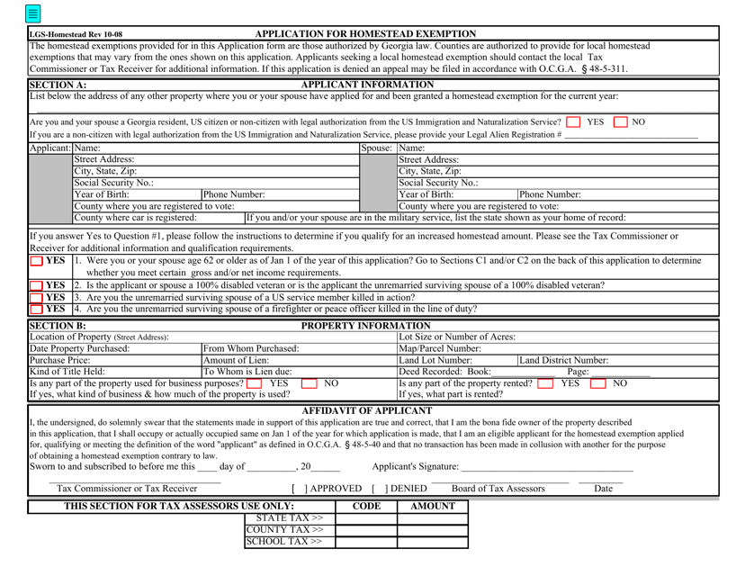 Lgs-Homestead - Application for Homestead Exemption - Georgia (United States) Download Pdf